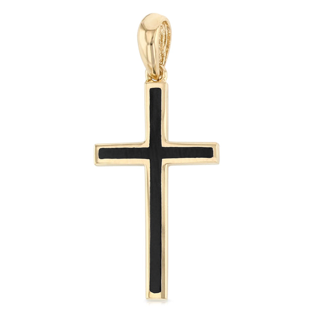 14K Gold Cross with Black Enamel Charm Pendant with 2.3mm Figaro 3+1 Chain Necklace