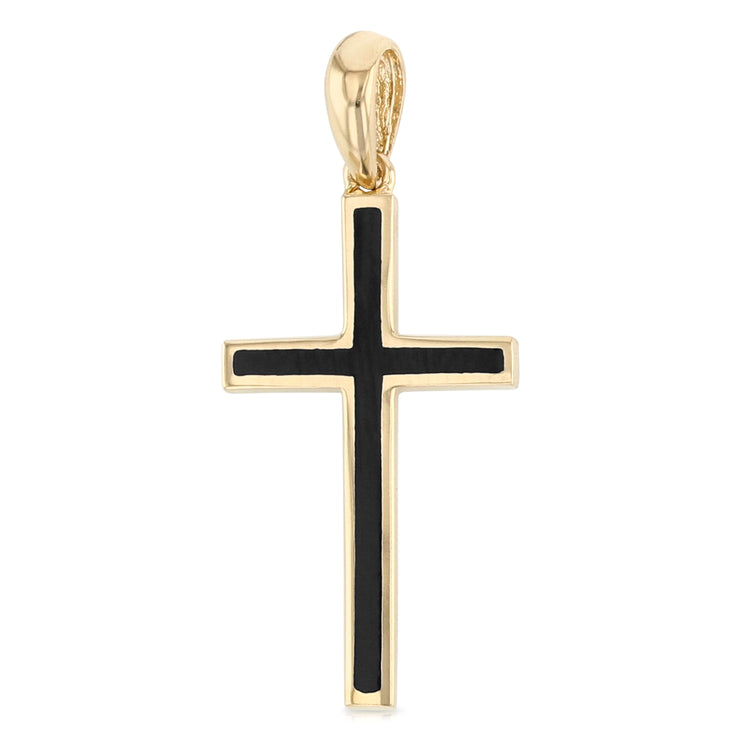 14K Gold Cross with Black Enamel Charm Pendant with 1.5mm Flat Open Wheat Chain Necklace