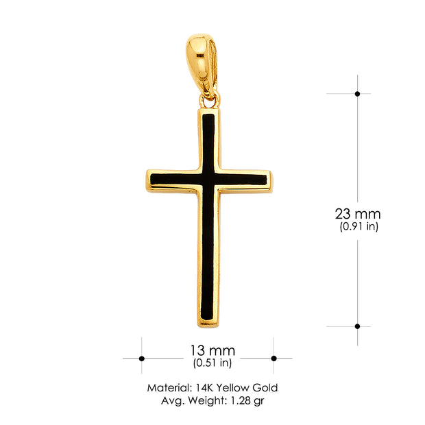 14K Gold Cross with Black Enamel Charm Pendant with 2.3mm Figaro 3+1 Chain Necklace