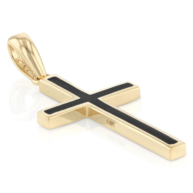 14K Gold Cross with Black Enamel Charm Pendant with 1.5mm Flat Open Wheat Chain Necklace