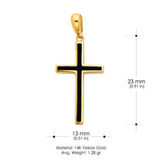 14K Gold Cross with Black Enamel Charm Pendant with 1.5mm Flat Open Wheat Chain Necklace