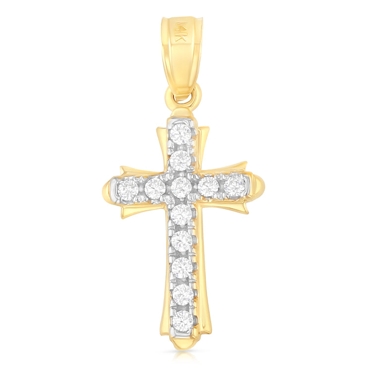 14K Gold CZ Cross Charm Pendant with 2mm Figaro 3+1 Chain Necklace