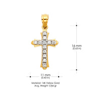 14K Gold CZ Cross Charm Pendant with 1.5mm Flat Open Wheat Chain Necklace