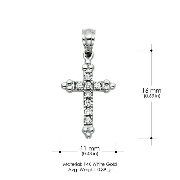 14K White Gold CZ  Cross Charm Pendant with 1.3mm Flat Open Wheat Chain Necklace