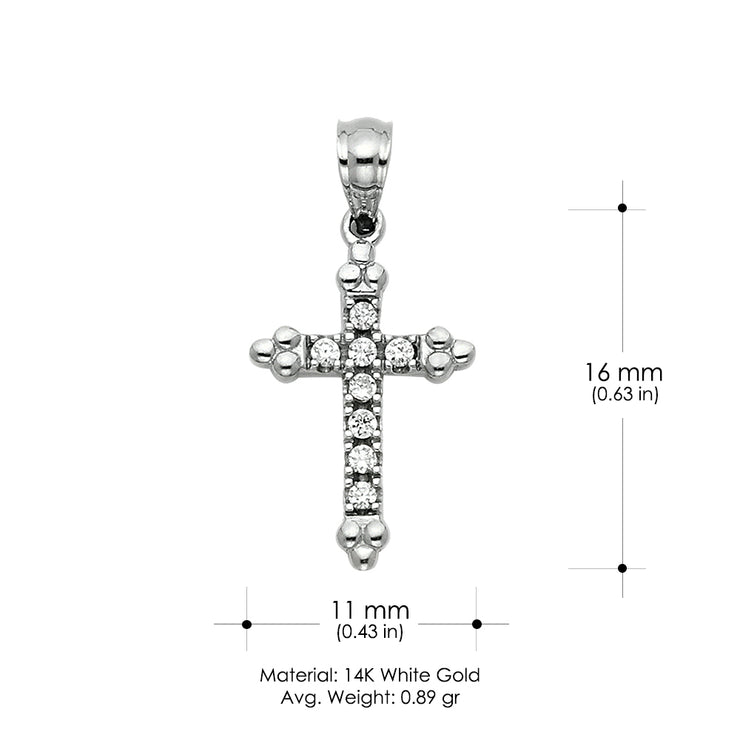 14K White Gold CZ  Cross Charm Pendant with 1.3mm Flat Open Wheat Chain Necklace