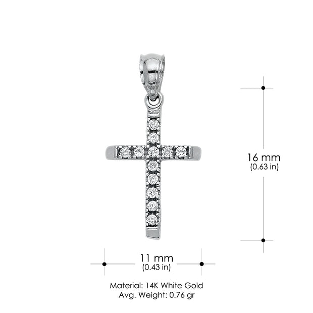 14K White Gold CZ  Cross Charm Pendant with 1.5mm Rope Chain Necklace