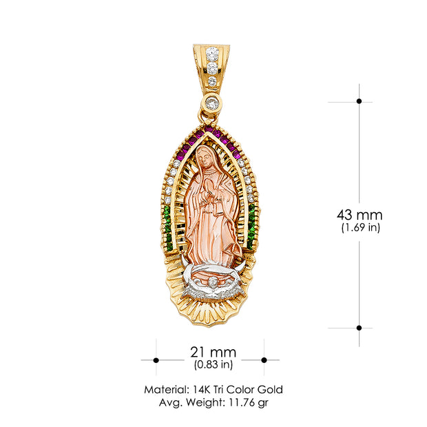 14K Gold CZ Guadalupe Charm Pendant with 4.2mm Hollow Cuban Chain Necklace