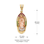 14K Gold CZ Guadalupe Charm Pendant with 1.4mm Round Wheat Chain Necklace