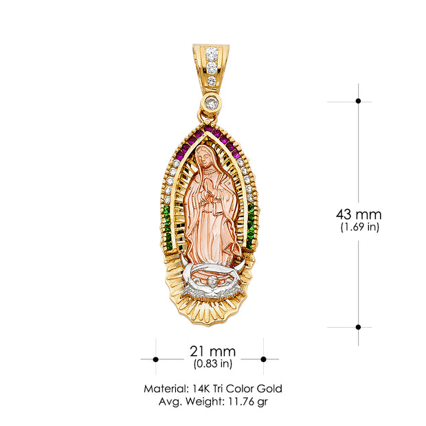 14K Gold CZ Religious Guadalupe Charm Pendant