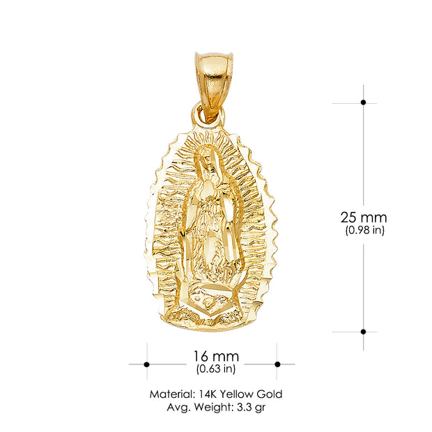 14K Gold Guadalupe Charm Pendant with 2mm Flat Open Wheat Chain Necklace
