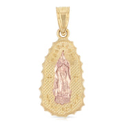 14K Gold Guadalupe Charm Pendant with 0.9mm Wheat Chain Necklace