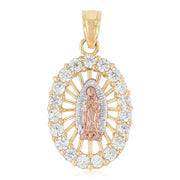 14K Gold CZ Religious Guadalupe Charm Pendant with 0.8mm Box Chain Necklace