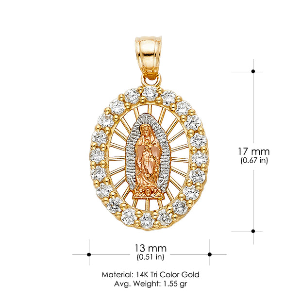 14K Gold CZ Guadalupe Charm Pendant with 0.9mm Wheat Chain Necklace