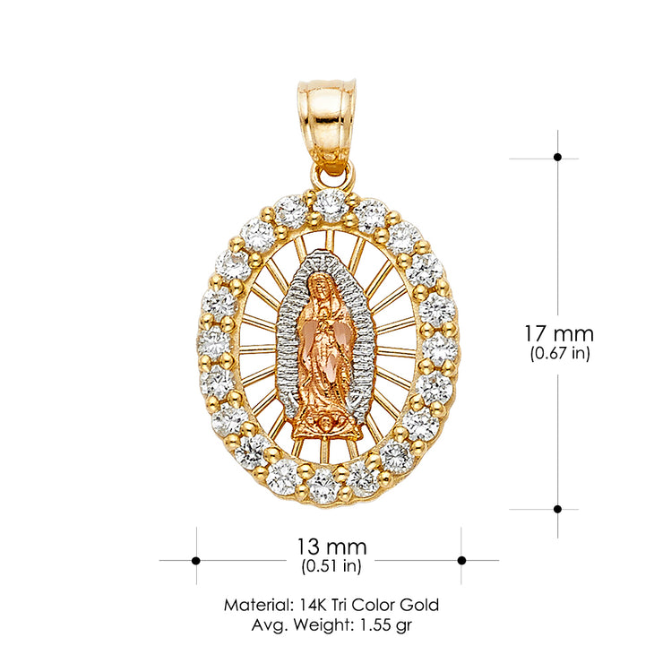 14K Gold CZ Religious Guadalupe Charm Pendant with 0.8mm Box Chain Necklace