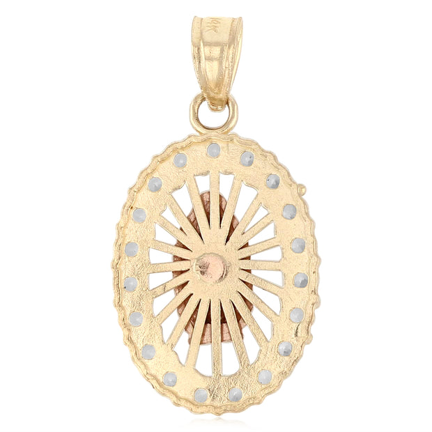 14K Gold CZ Guadalupe Charm Pendant with 0.9mm Wheat Chain Necklace