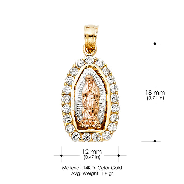 14K Gold CZ Guadalupe Charm Pendant with 3.4mm Hollow Cuban Chain Necklace