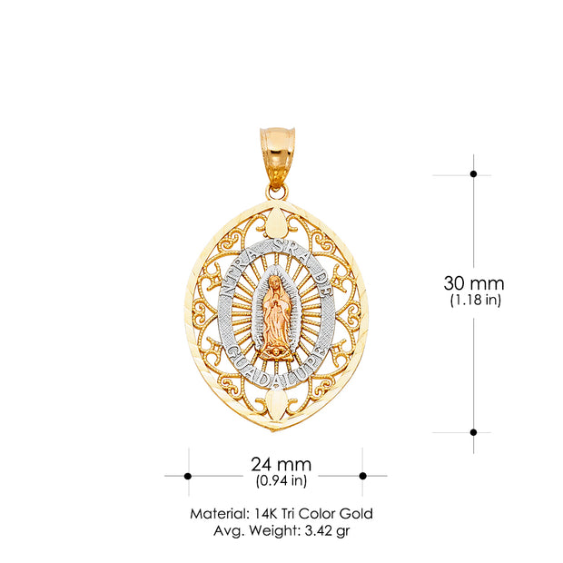 14K Gold Guadalupe Charm Pendant with 3.1mm Figaro 3+1 Chain Necklace