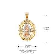 14K Gold CZ Guadalupe Charm Pendant with 1.1mm Wheat Chain Necklace