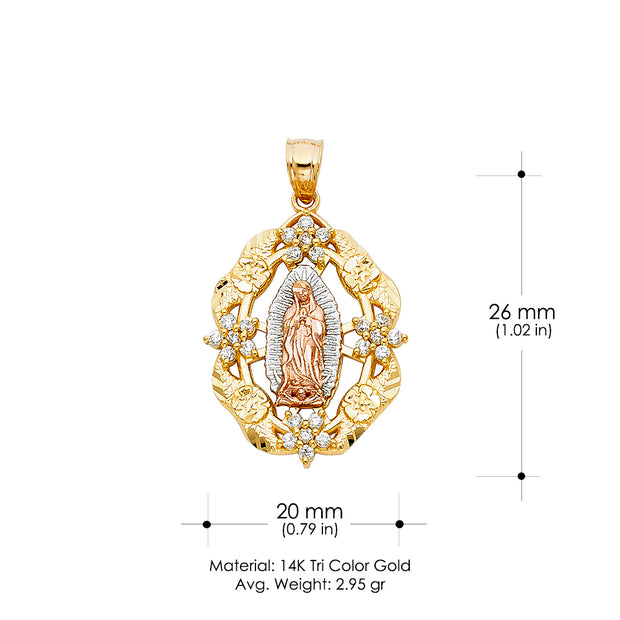 14K Gold CZ Guadalupe Charm Pendant with 1.1mm Wheat Chain Necklace