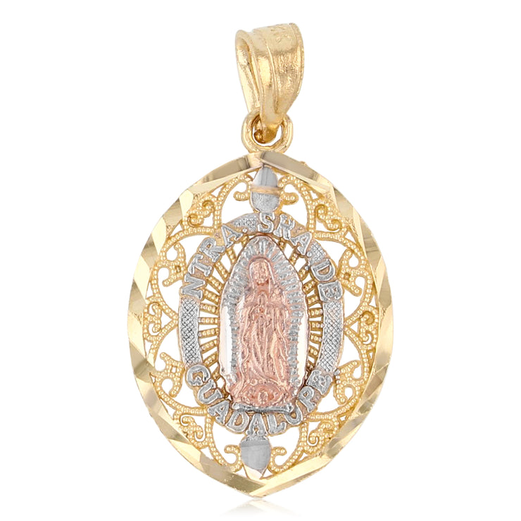 14K Gold Guadalupe Charm Pendant with 0.9mm Wheat Chain Necklace