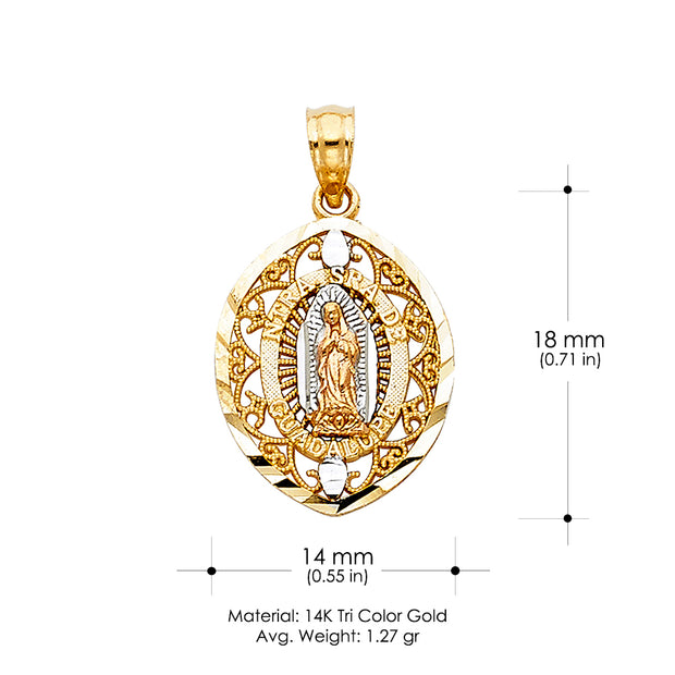 14K Gold Religious Guadalupe Charm Pendant with 0.8mm Box Chain Necklace