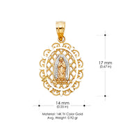 14K Gold Guadalupe Charm Pendant with 1.5mm Flat Open Wheat Chain Necklace
