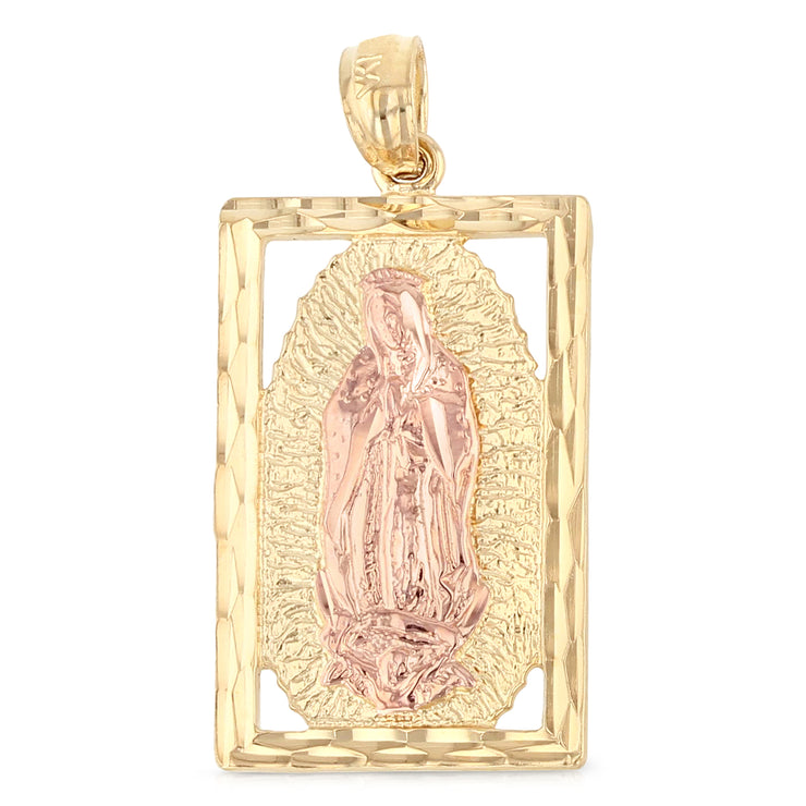 14K Gold Religious Guadalupe Charm Pendant with 0.8mm Box Chain Necklace