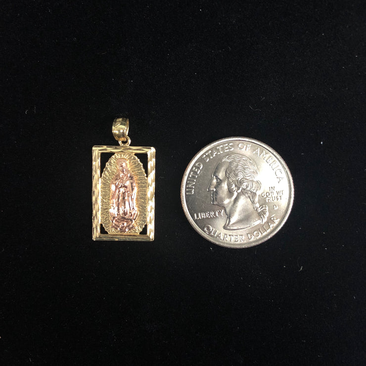 14K Gold Religious Guadalupe Charm Pendant with 0.8mm Box Chain Necklace