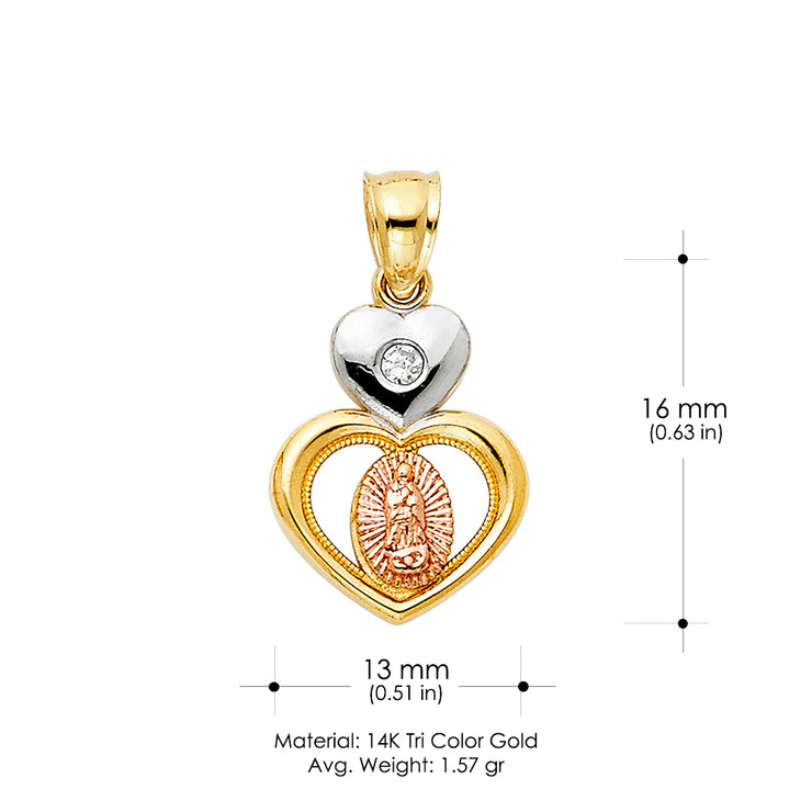 14K Gold CZ Guadalupe Charm Pendant with 2.3mm Hollow Cuban Chain Necklace