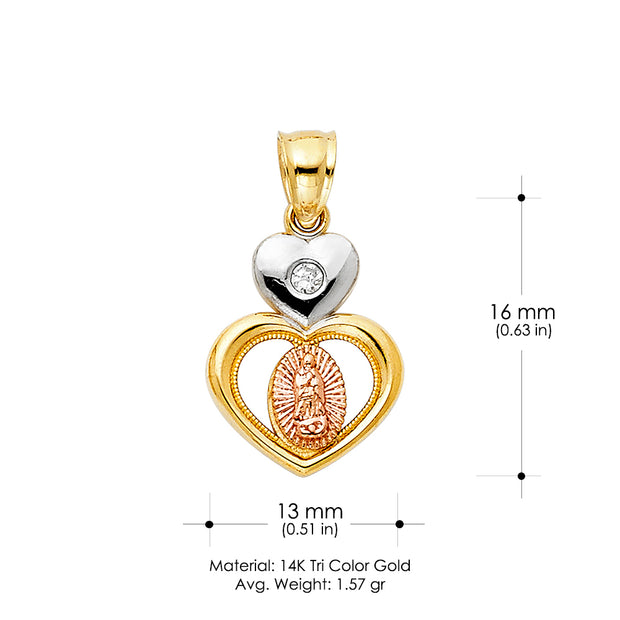 14K Gold CZ Guadalupe Charm Pendant with 2.3mm Figaro 3+1 Chain Necklace