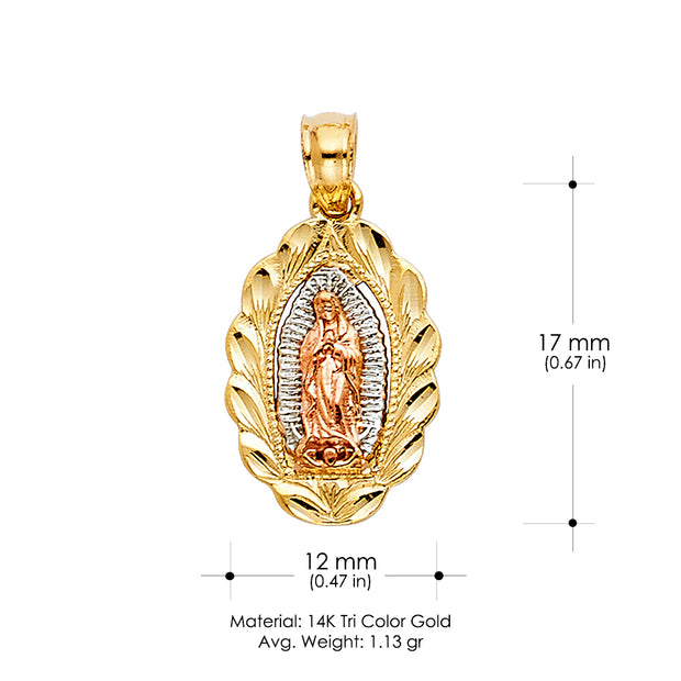 14K Gold Guadalupe Charm Pendant with 2.3mm Figaro 3+1 Chain Necklace