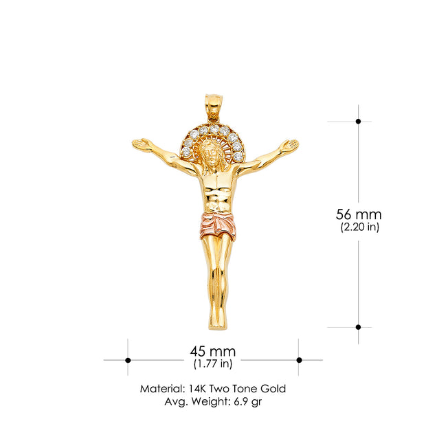 14K Gold CZ Jesus Christ Body Charm Pendant with 2mm Flat Open Wheat Chain Necklace