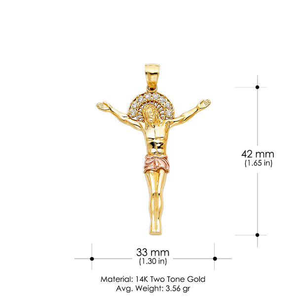 14K Gold CZ Jesus Christ Body Charm Pendant with 1.7mm Flat Open Wheat Chain Necklace