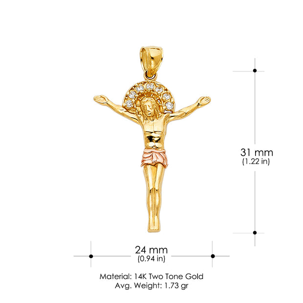 14K Gold CZ Jesus Christ Body Charm Pendant with 3.1mm Figaro 3+1 Chain Necklace