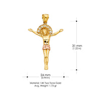 14K Gold CZ Jesus Christ Body Charm Pendant with 1.7mm Flat Open Wheat Chain Necklace