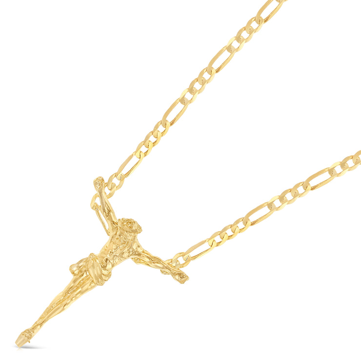 14K Gold Jesus Christ Body Charm Pendant with 3.1mm Figaro 3+1 Chain Necklace