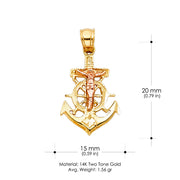 14K Gold Crucifix Anchor Charm Pendant with 2mm Flat Open Wheat Chain Necklace