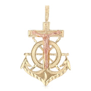 14K Gold Crucifix Anchor Charm Pendant with 2mm Flat Open Wheat Chain Necklace