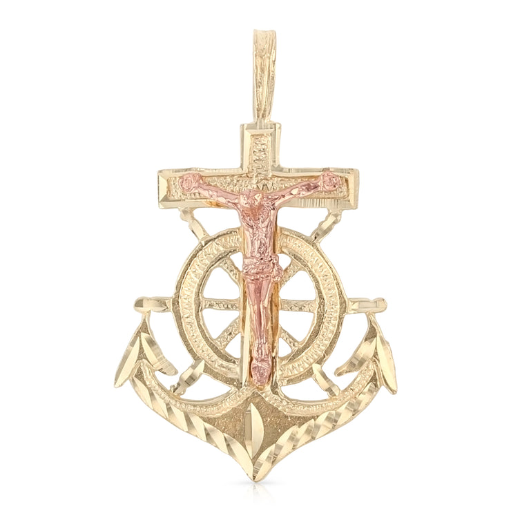 14K Gold Religious Crucifix Anchor Charm Pendant with 1.2mm Box Chain Necklace