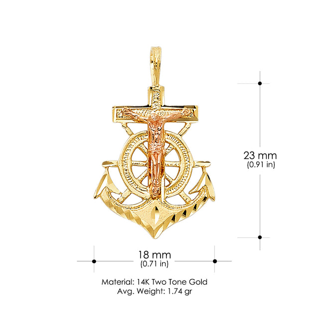 14K Gold Religious Crucifix Anchor Charm Pendant with 1.2mm Box Chain Necklace