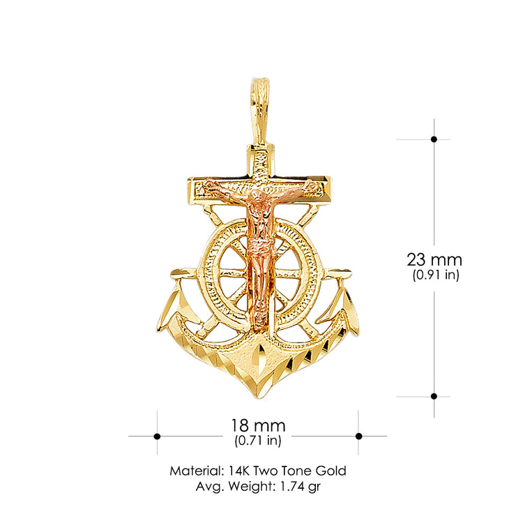 14K Gold Religious Crucifix Anchor Charm Pendant with 1.2mm Box Chain Necklace