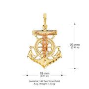 14K Gold Crucifix Anchor Charm Pendant with 3.8mm Figaro 3+1 Chain Necklace