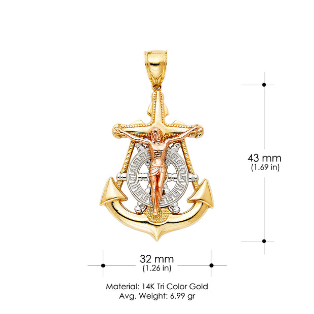 14K Gold Crucifix Anchor Charm Pendant with 2mm Flat Open Wheat Chain Necklace