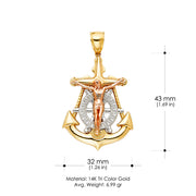 14K Gold Crucifix Anchor Charm Pendant with 3.8mm Figaro 3+1 Chain Necklace