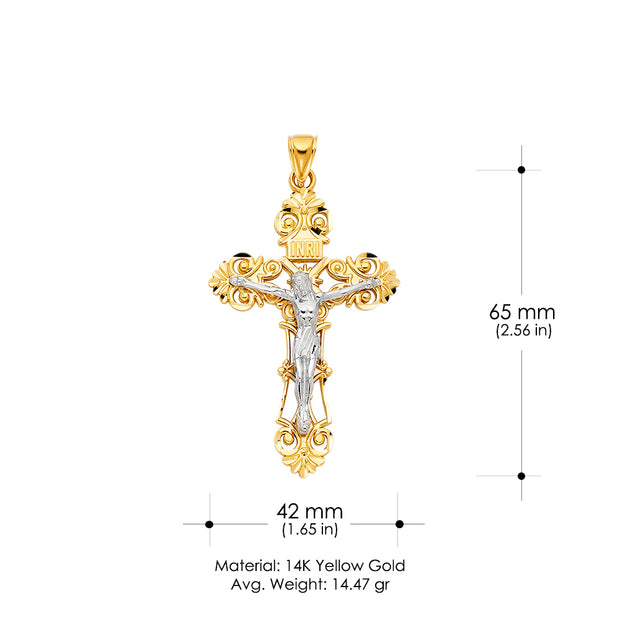 14K Gold Crucifix Charm Pendant with 4.5mm Figaro 3+1 Chain Necklace
