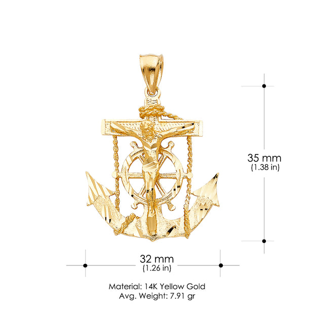 14K Gold Mariner Religious Crucifix Charm Pendant with 1.2mm Box Chain Necklace