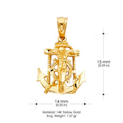 14K Gold Mariner Crucifix Charm Pendant with 2.3mm Figaro 3+1 Chain Necklace