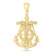 14K Gold Mariner Crucifix Charm Pendant with 3.1mm Figaro 3+1 Chain Necklace