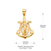 14K Gold Mariner Crucifix Charm Pendant with 3.1mm Figaro 3+1 Chain Necklace