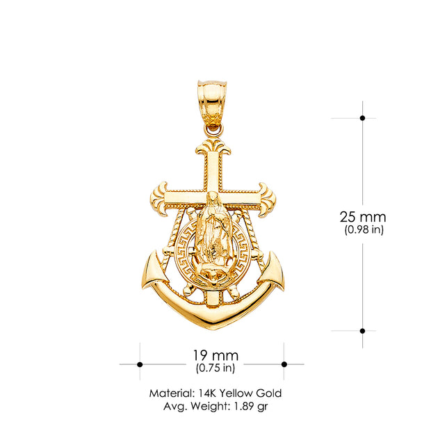 14K Gold Guadalupe Charm Pendant with 3.1mm Figaro 3+1 Chain Necklace